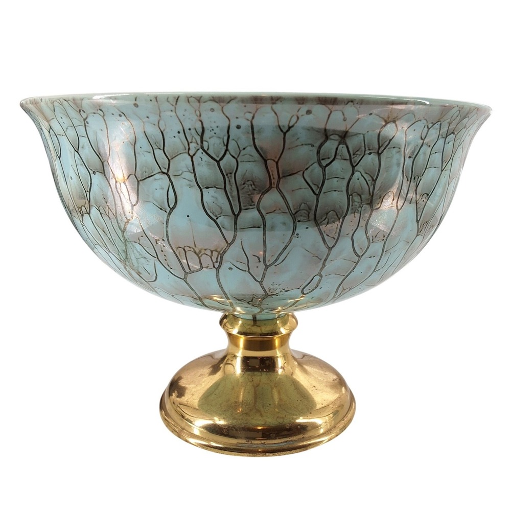 Vintage Delft Holland Turquoise Gold Veined Brass Pedestal Candy Bowl